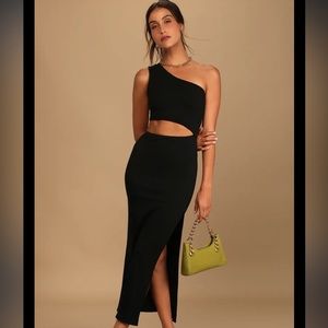 Lulus Spice Things Up Ribbed One-Shoulder Cutout Midi Dress-black
